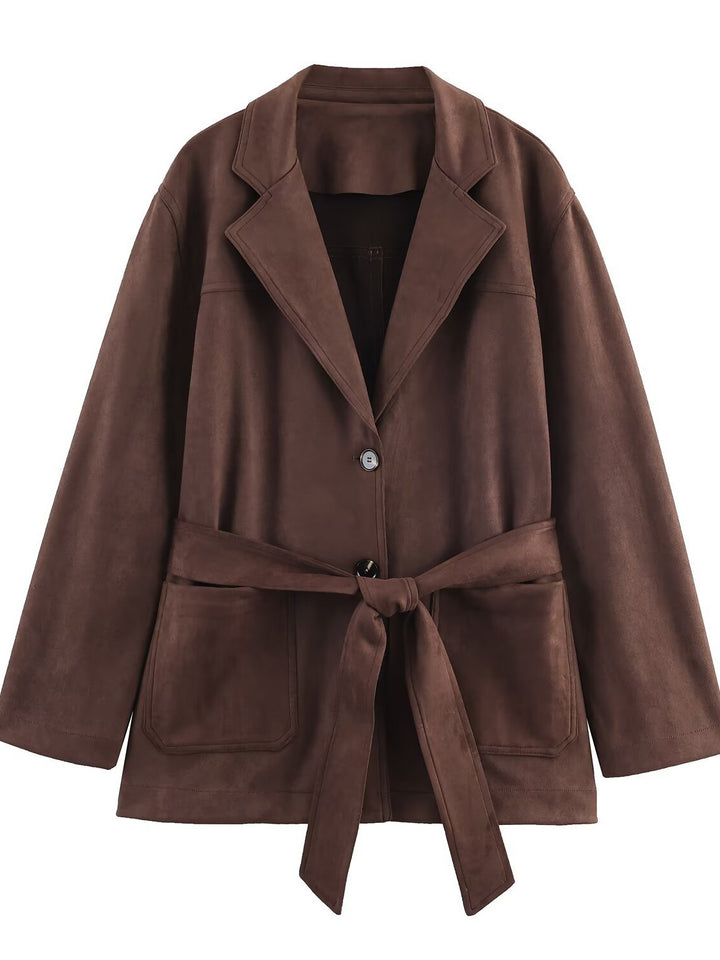 Damen eleganter Blazerjacke aus Kunstleder mit Taillengürtel Drune