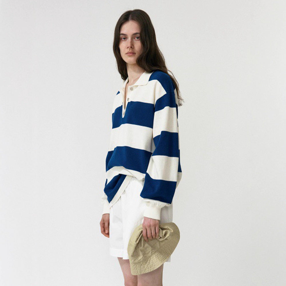 Damen Lässiges Poloshirt mit gestreiftem Design und langem Arm Drune