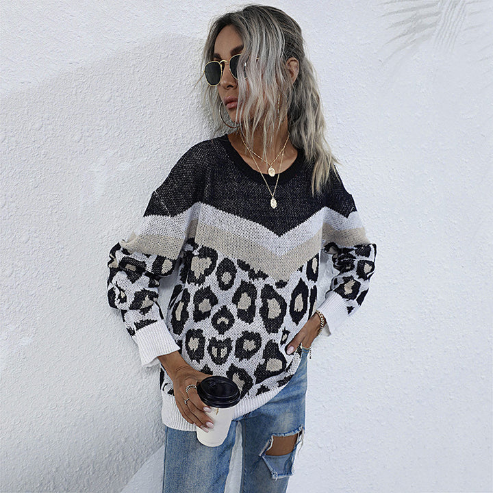 Damen modischer Strickpullover mit Leopardenmuster und grafischem Design Drune