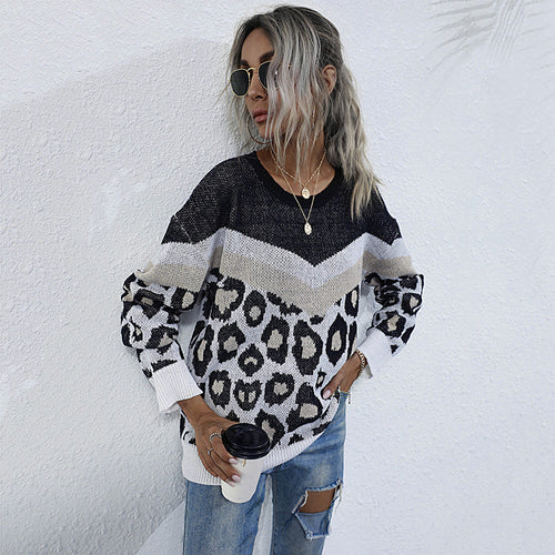 Damen modischer Strickpullover mit Leopardenmuster und grafischem Design Drune
