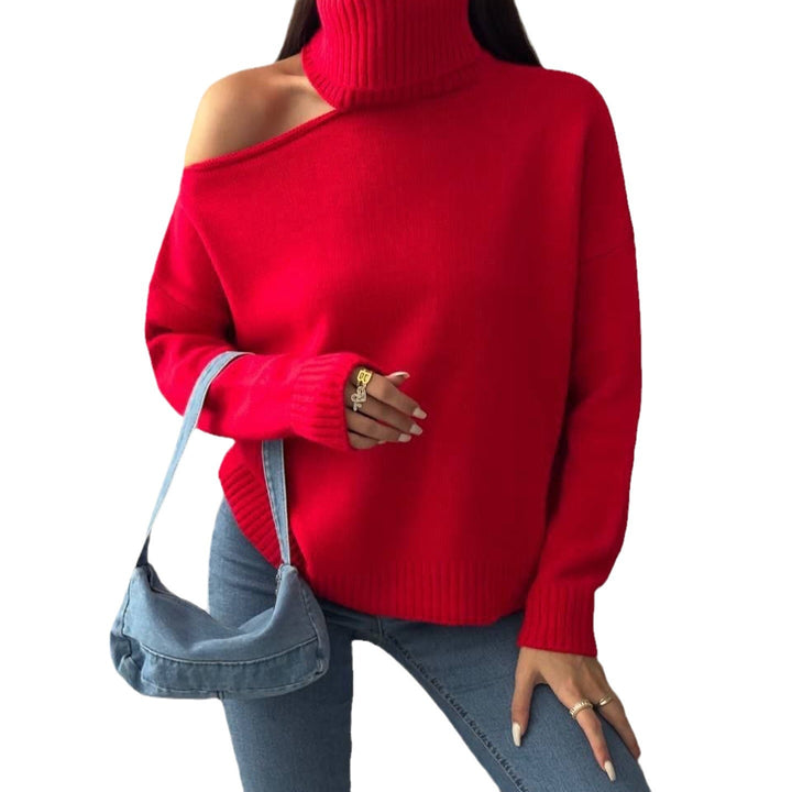 Damen modischer Rollkragenpullover mit schulterfreiem Design und eleganten Rippdetails Drune