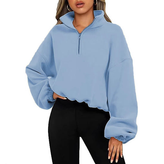 Damen nan kurz geschnittenes Halbzip-Sweatshirt mit hohem Stehkragen, Ballonärmeln und elastischem Saum Drune