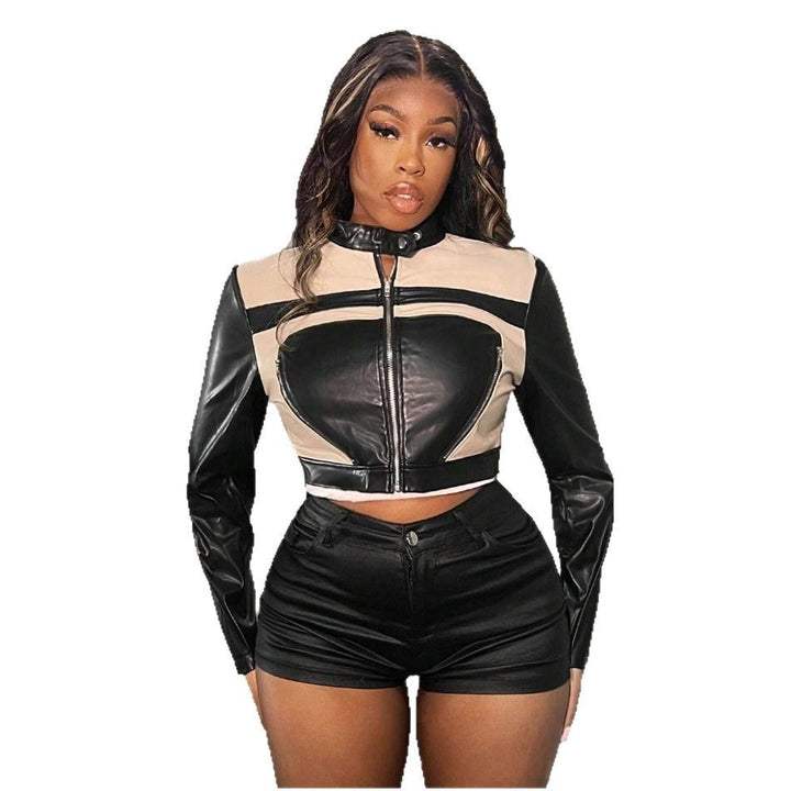 Damen cropped Kunstlederjacke mit sportlichen Zierdetails Drune