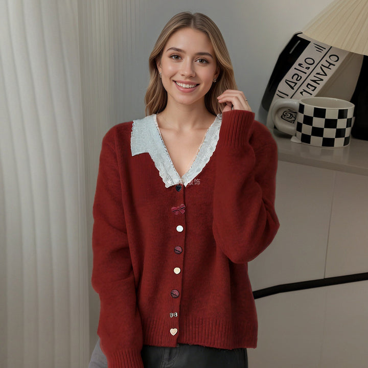 Damen Verspielter Strickcardigan mit Rüschen und Knopfdetails Drune