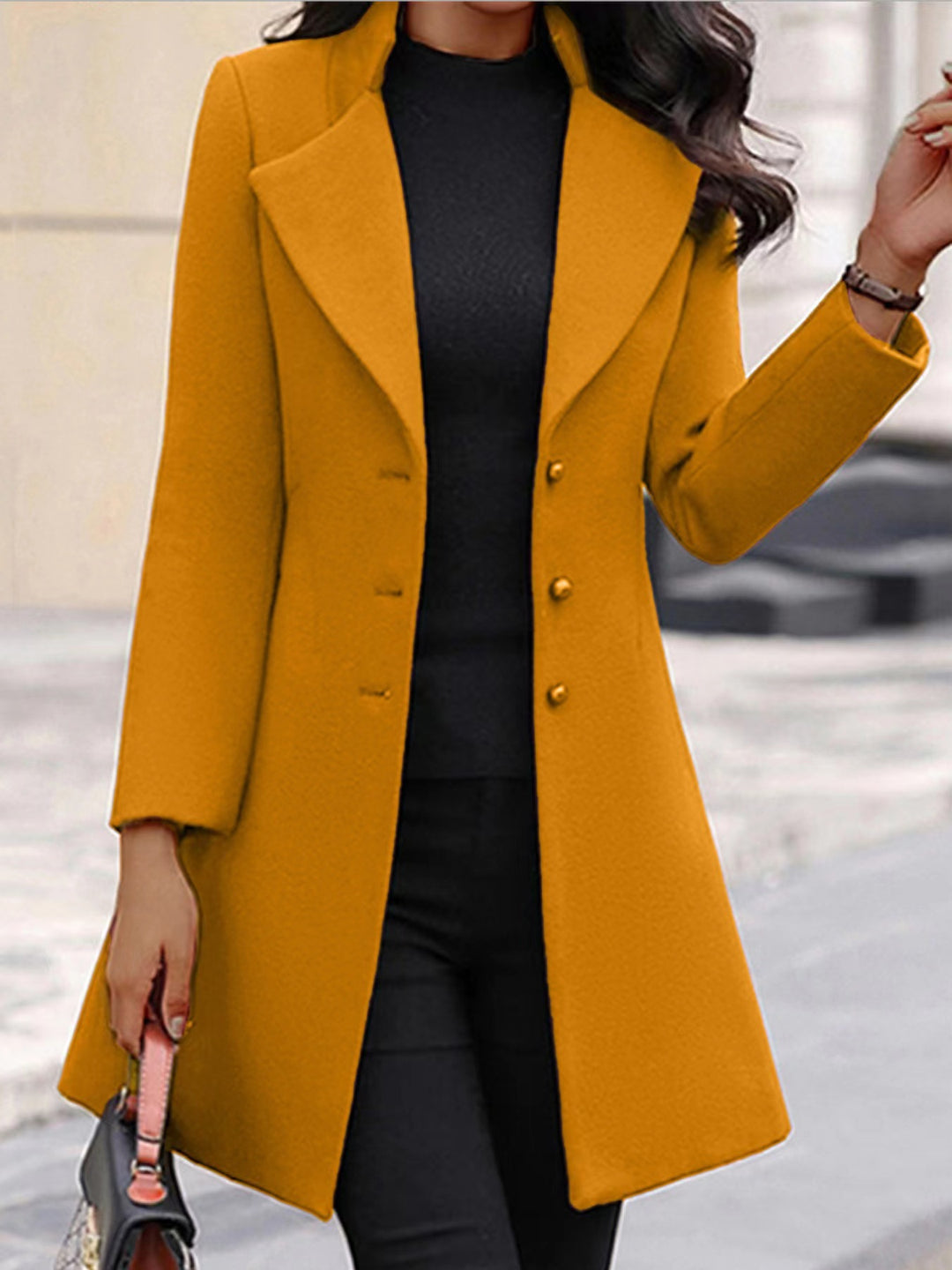 Damen zeitloser Wollmantel mit stilvollem Revers und eleganter Knopfleiste Drune