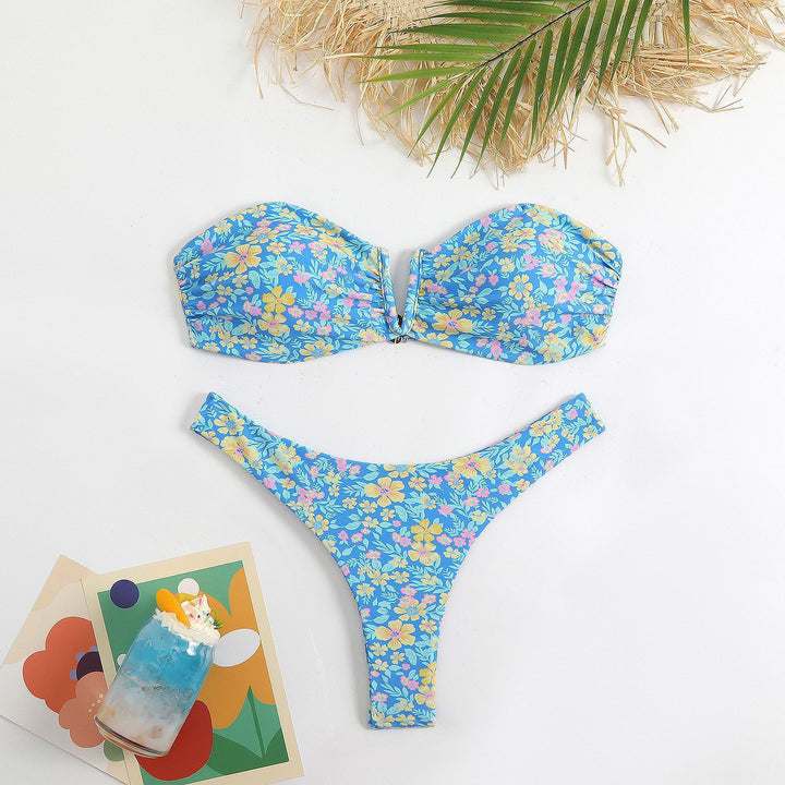 Damen Bandeau-Bikini mit floralem Design und elegantem Verschluss Drune