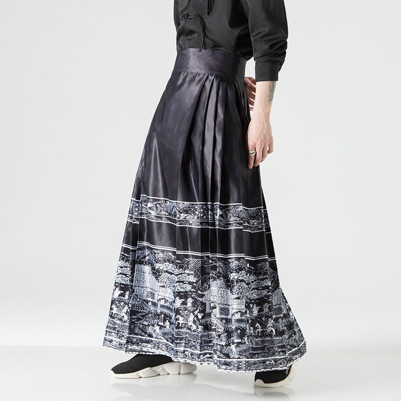 Damen nan Maxi-Rock mit breitem Taillenbund ornamentaler Bordüre und plissierten Falten Drune