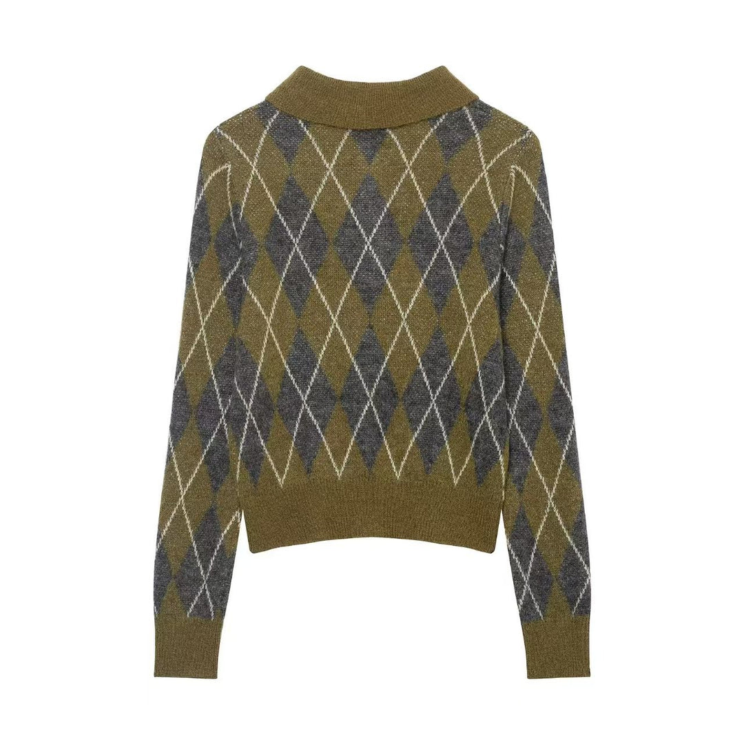 Damen nan Argyle-Polo-Strickpullover mit Cropped-Schnitt, Rippbündchen und Knopfleiste Drune