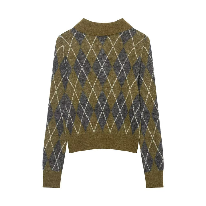 Damen nan Argyle-Polo-Strickpullover mit Cropped-Schnitt, Rippbündchen und Knopfleiste Drune