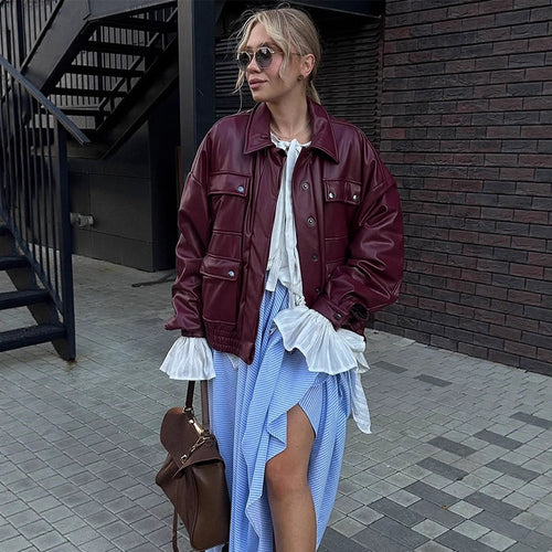 Damen oversized Kunstlederjacke mit funktionalen Taschen und elastischem Bund Drune