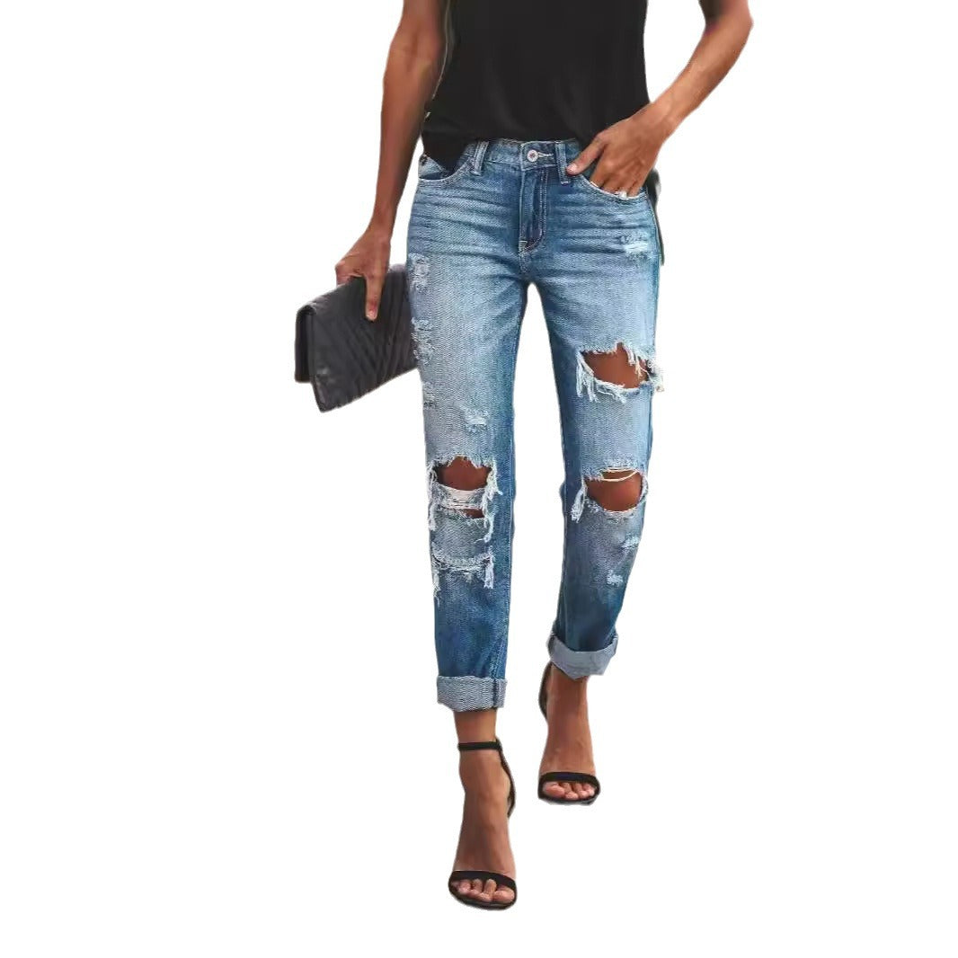 Damen Destroyed Boyfriend Jeans im lässigen Stil mit hohen Rissdetails Drune
