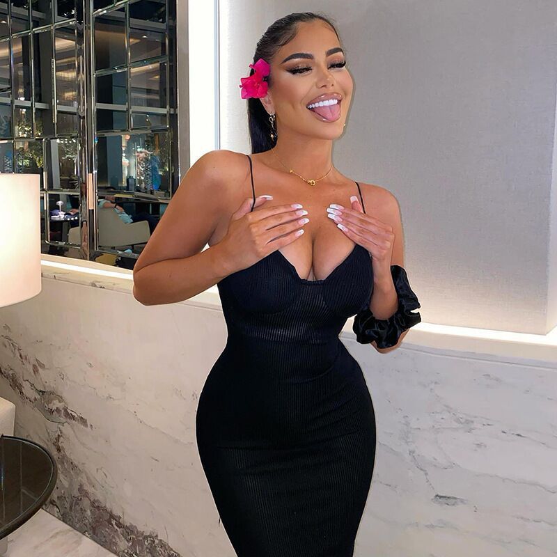 Damen figurbetontes Midi-Kleid mit Spaghettiträgern und Raffungen Drune