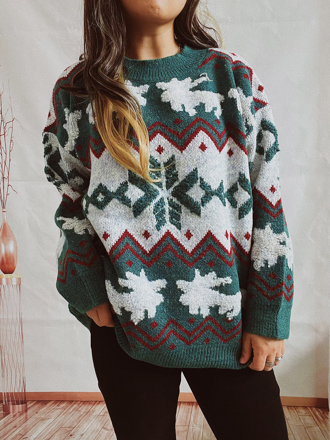 Damen festlicher Strickpullover mit weihnachtlichem Design und hohem Kragen Drune