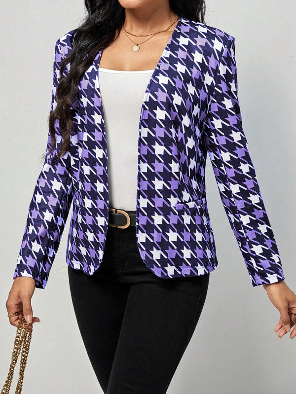 Damen modische Blazerjacke mit auffälligem Hahnentritt-Muster und taillierter Passform Drune