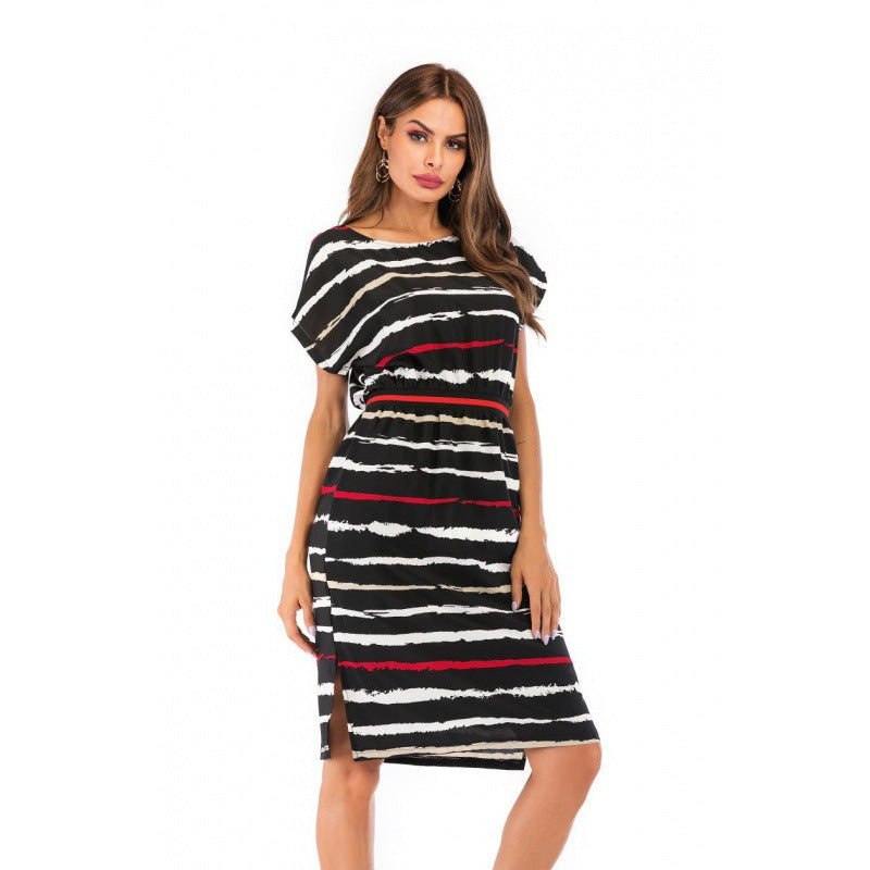 Damen Midi-Kleid mit elastischem Bund und stylischem Streifenmuster Drune