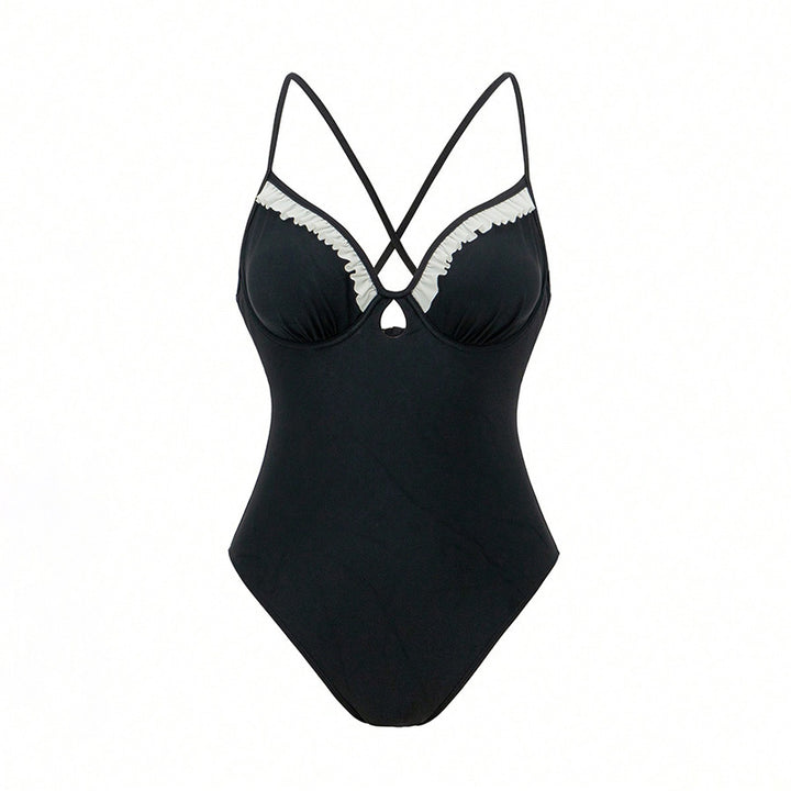 Damen Eleganter Badeanzug mit Rüschen und Schlüsselloch-Ausschnitt Drune