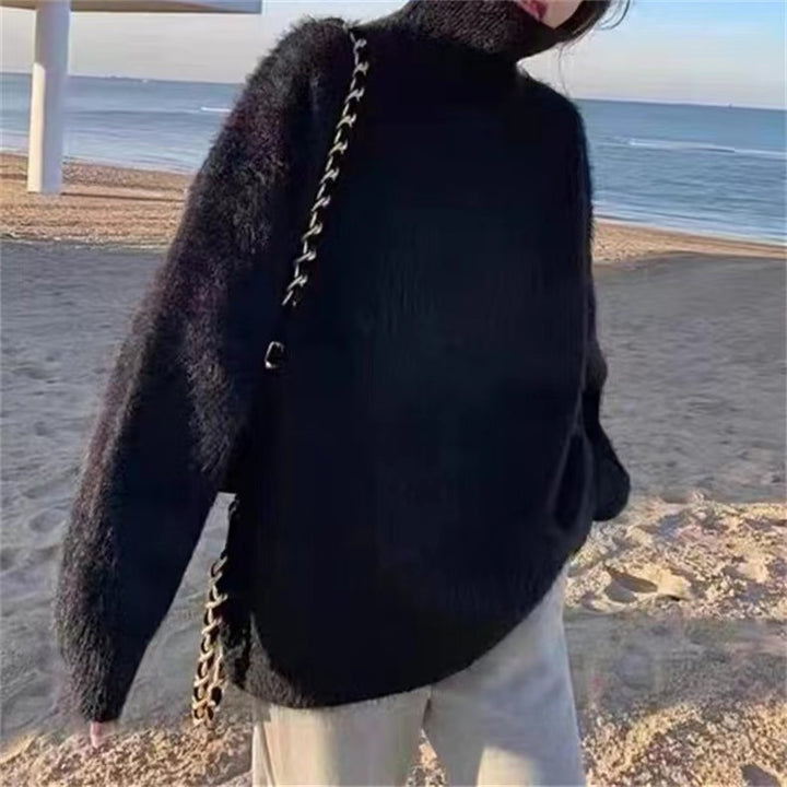 Damen Flauschiger Pullover mit Lockere Passform und Hohem Kragen Drune