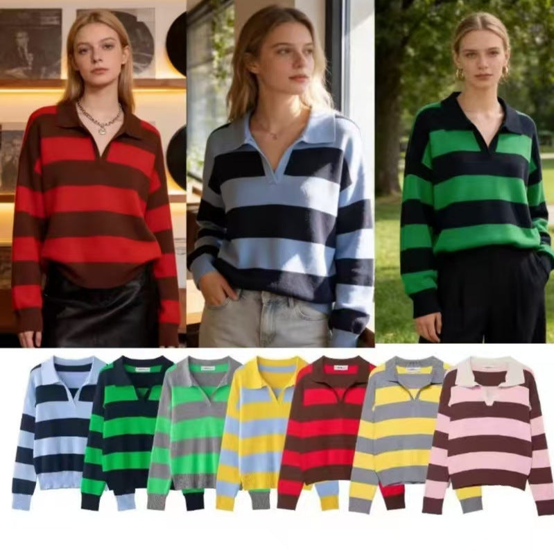 Damen nan gestreifter Rugby-Pullover mit Polokragen, V‑Ausschnitt und verlängerten Rippbündchen Drune