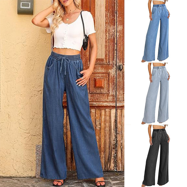 Damen weite Jeanshose mit elastischem Bund und seitlichen Taschen Drune