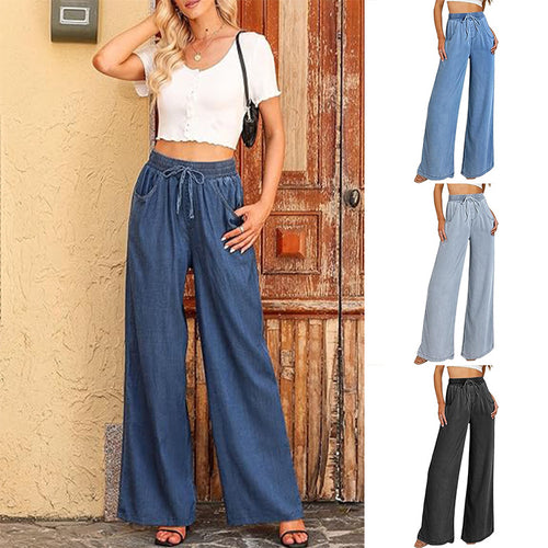 Damen weite Jeanshose mit elastischem Bund und seitlichen Taschen Drune