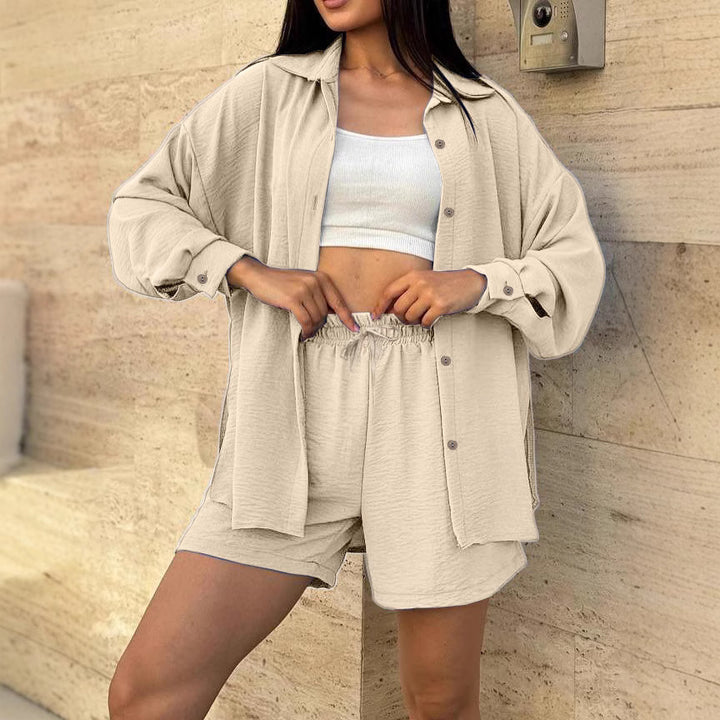 Damen lässiger Overshirt-Set mit elastischem Bund und weit geschnittenen Shorts Drune