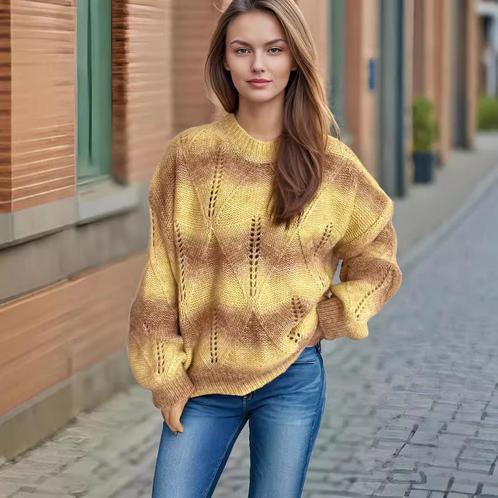 Damen lässiger Strickpullover mit modernem Lochmuster und voluminösen Ärmeln Drune