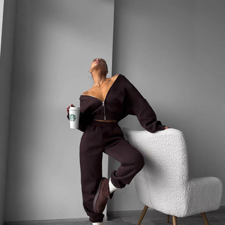 Damen lässiges Fleece-Loungewear-Set mit cropped Jacke und elastischer Hose Drune