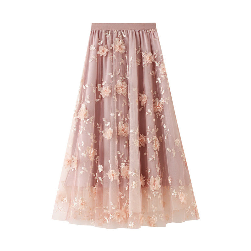 Damen Floral Bestickter Tüll Maxi Rock Drune