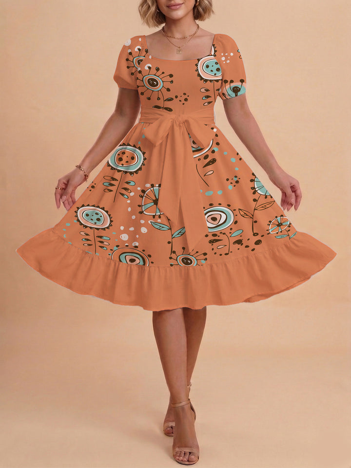 Damen Sommerkleid mit floralem Puffärmel und taillierbarem Gürtel Drune
