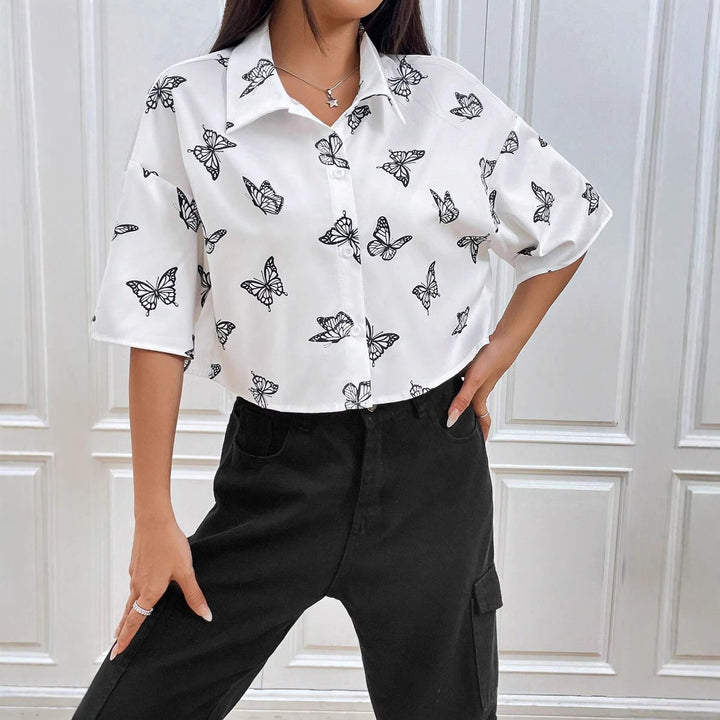 Damen Kurze Bluse mit Schmetterlingsmuster Drune