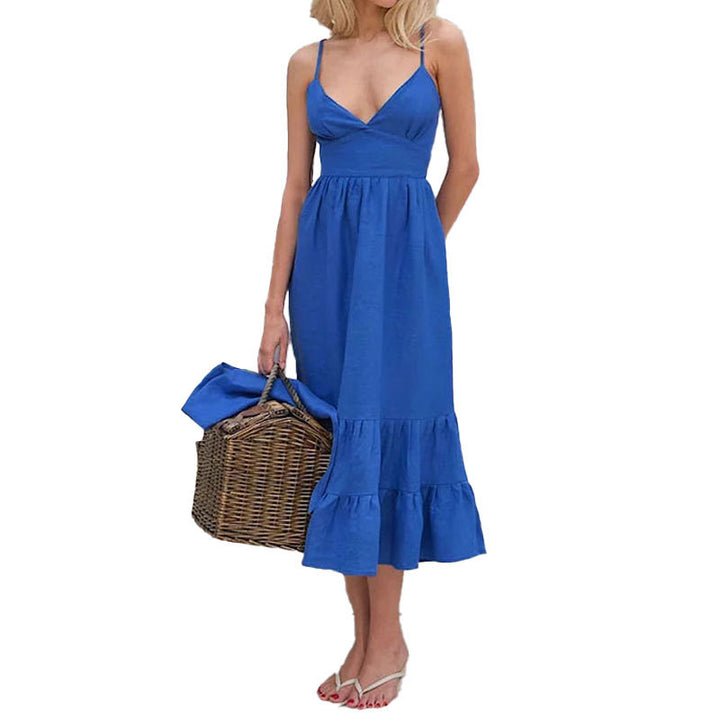 Damen Midikleid mit elegantem V-Ausschnitt und lässigem Rüschensaum Drune