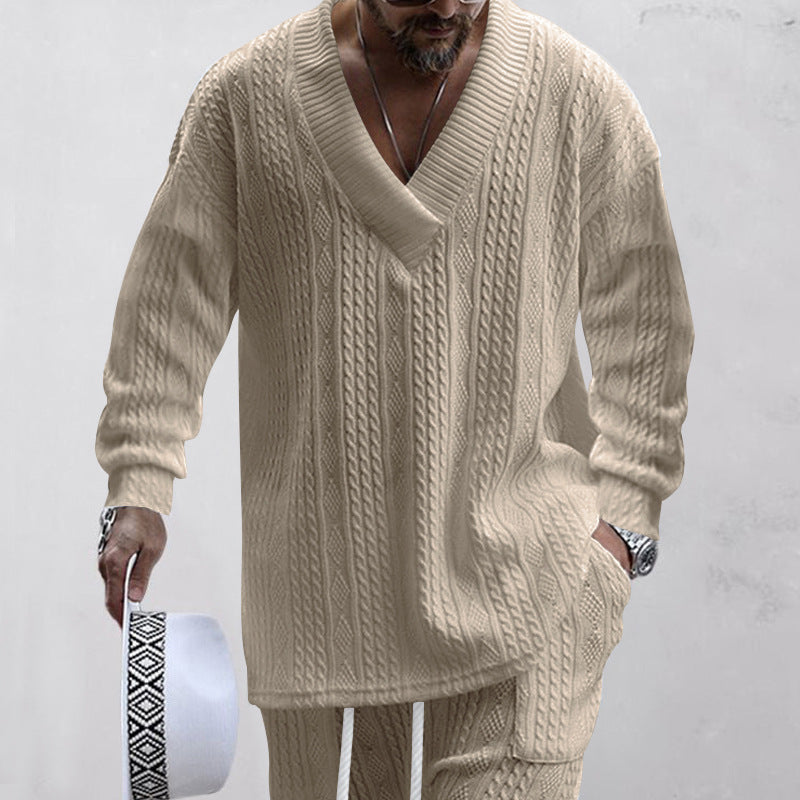 Herren nan oversized Kabelstrick V-Ausschnitt Pullover mit Relaxhose Set Drune