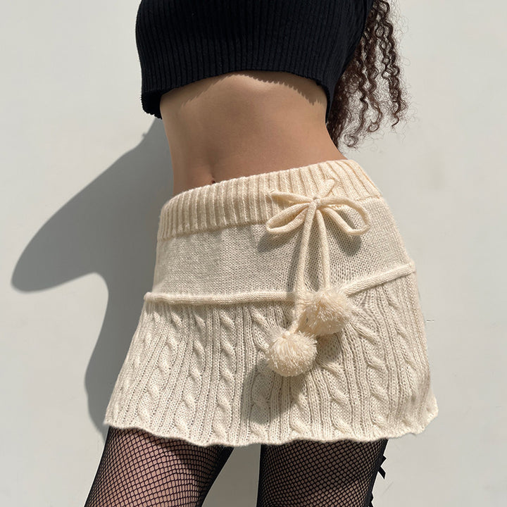 Damen gestrickter Minirock mit dekorativen Pompons und elastischem Bund Drune