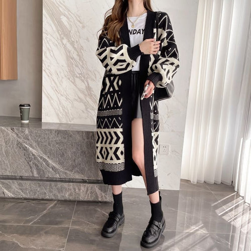 Damen modischer Strickcardigan mit geometrischem Design und lockerem Schnitt Drune