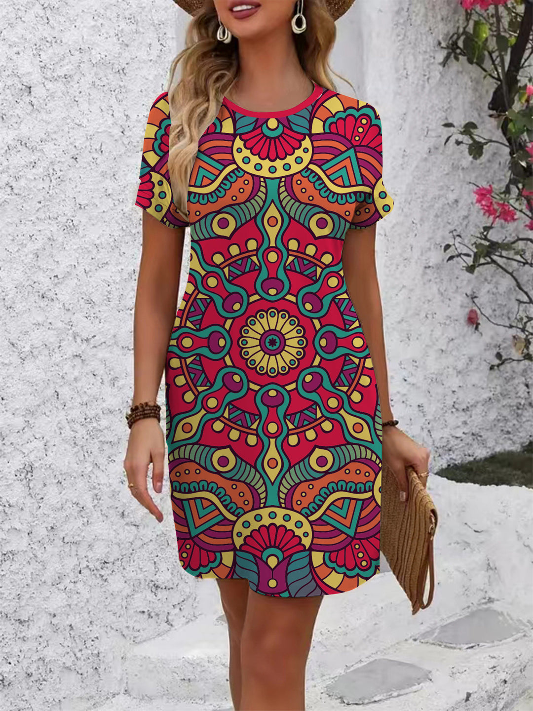 Damen farbenfrohes Mandala Kleid im lässigen Schnitt Drune