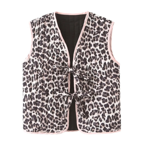 Damen gesteppte Weste mit Leopardenmuster und dekorativem Bindeband Drune