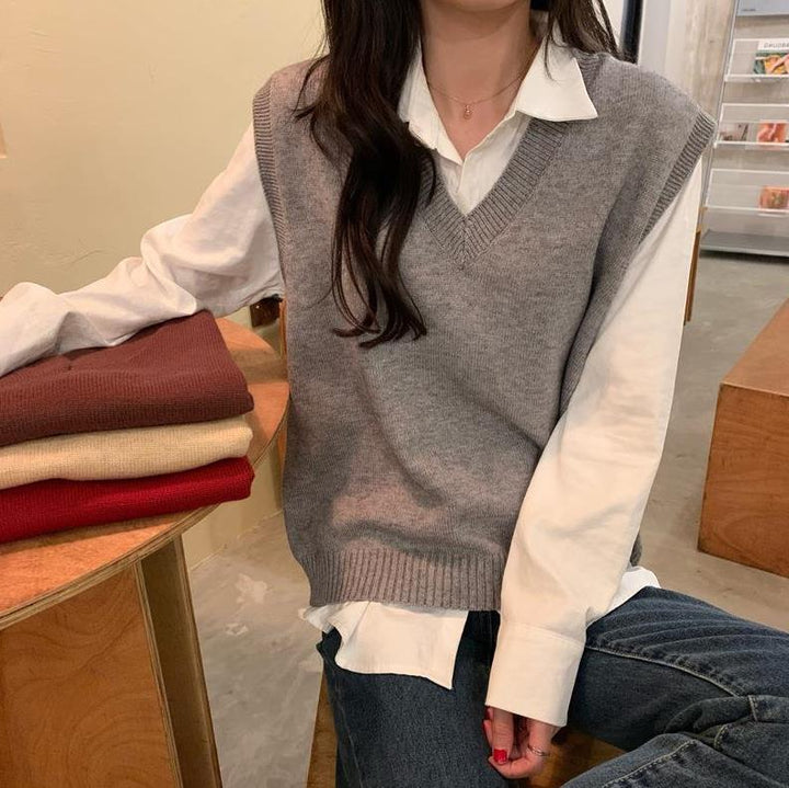 Damen Ärmellose Strickweste mit V-Ausschnitt und Rippdetails Drune