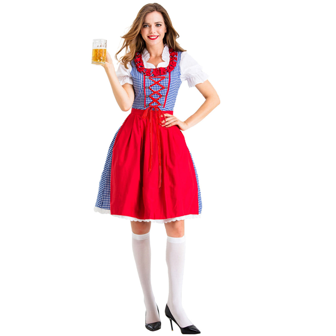 Damen nan Karo-Dirndl mit geschnürter Miederfront, Rüschenkragen und taillierter Schürze Drune