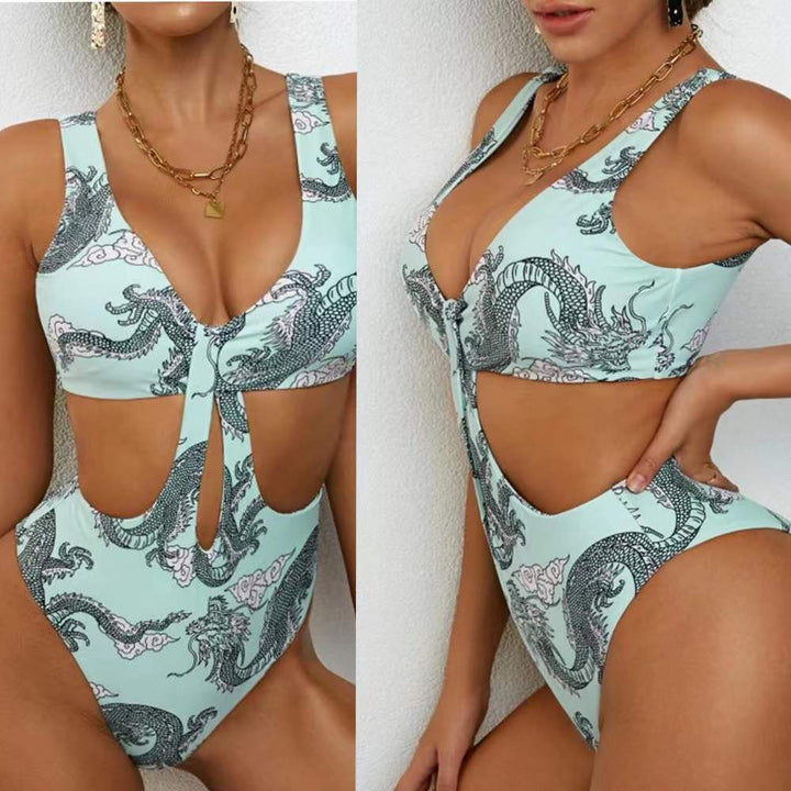 Damen Cut-Out Badeanzug mit elegantem V-Ausschnitt und grafischem Drachenmuster Drune