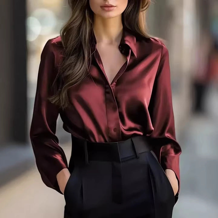 Damen Elegante Satinbluse mit klassischem Schnitt und dezentem Glanz Drune