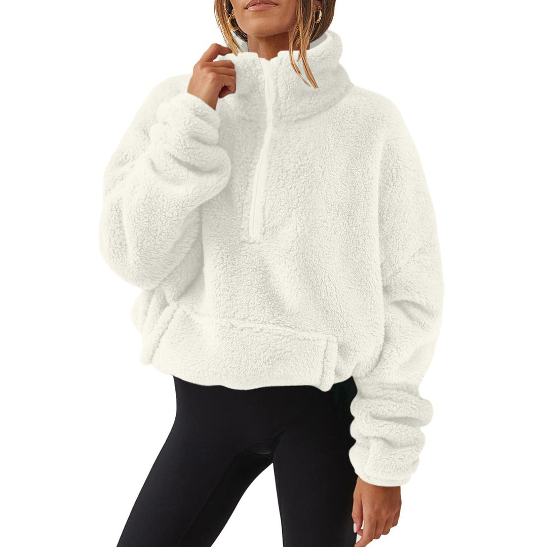 Damen nan Oversize-Halbzip Teddy-Fleecepullover mit Kängurutasche und hohem Stehkragen Drune
