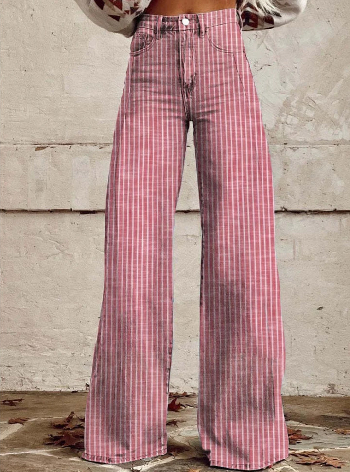 Damen nan weite Hose mit hohem Bund in Leinenoptik und vertikalen Nadelstreifen Schlaghose Drune