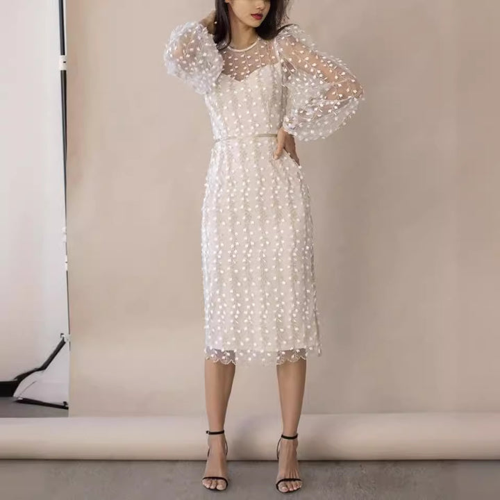 Damen Kleid mit transparenten Puffärmeln und floralem Stickdesign Drune