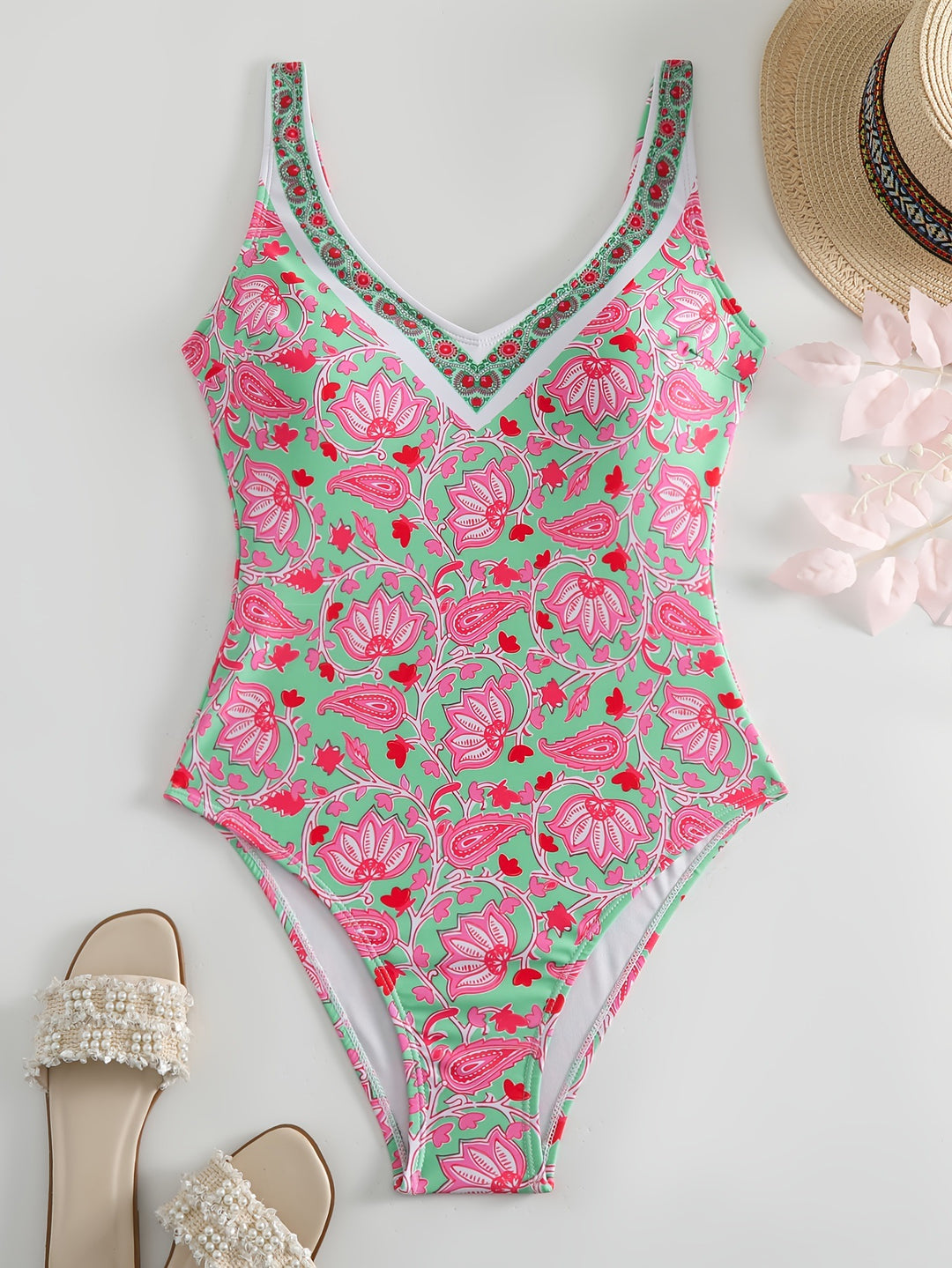 Damen Einteiliger Badeanzug mit floralem Design und modischen Trägern Drune