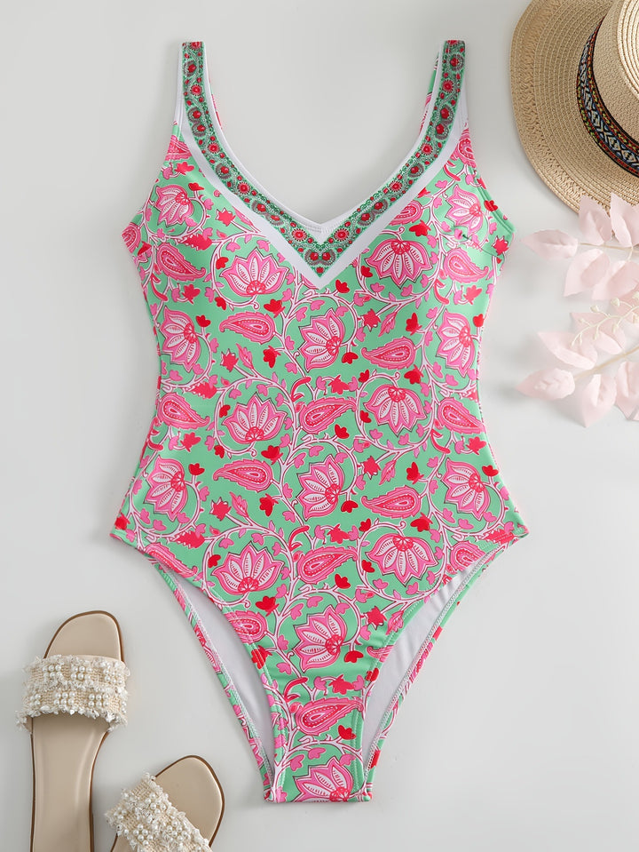 Damen Einteiliger Badeanzug mit floralem Design und modischen Trägern Drune