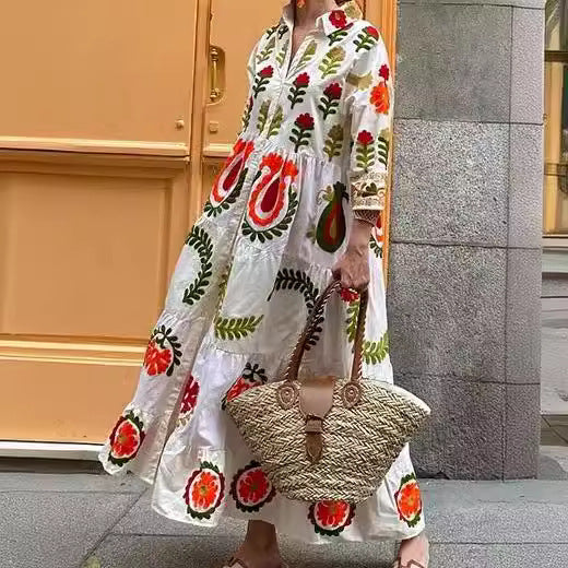 Damen Langarm-Teilkaro Kleid mit floralen Stickereien Drune