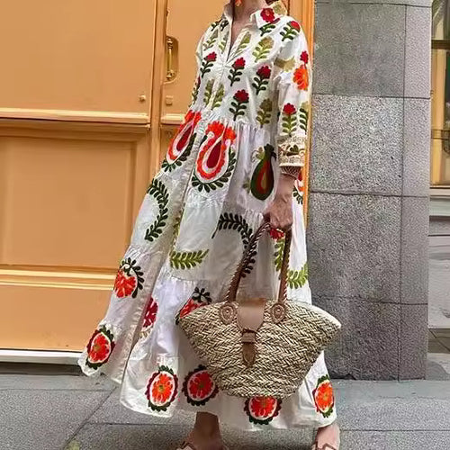 Damen Langarm-Teilkaro Kleid mit floralen Stickereien Drune