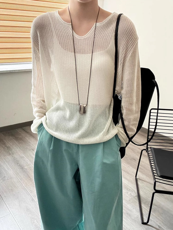 Damen luftiger Strickpullover mit V-Ausschnitt und lässigem Schnitt Drune