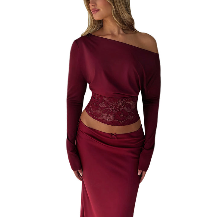 Damen elegantes Crop-Top mit Spitzenbesatz und langen Ärmeln Drune
