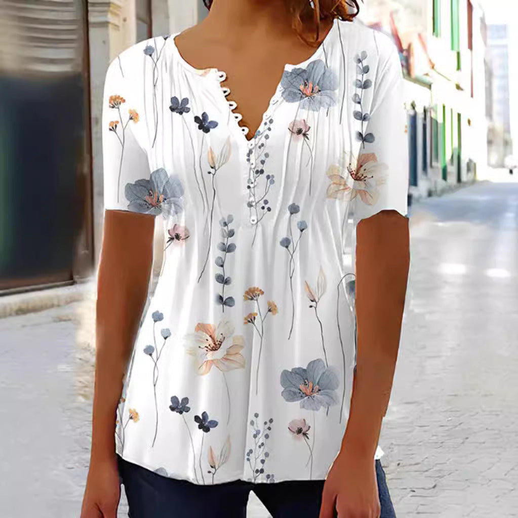 Damen nan leichtes V-Ausschnitt Blusenshirt mit Zierknopfleiste und dezent plissierter Vorderpartie Drune
